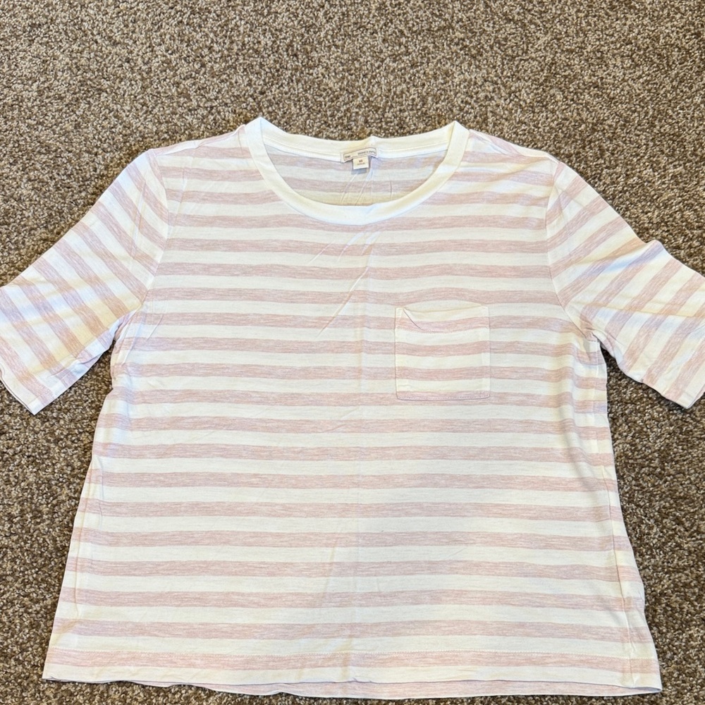 Women's White and Light Pink Striped Pocket Tee